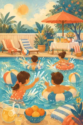 Kids Splashing at Summer Pool Party
