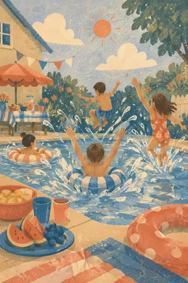 Cheerful Kids Splashing at Summer Pool Party
