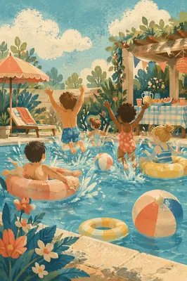 Kids Splashing at Summer Pool Party