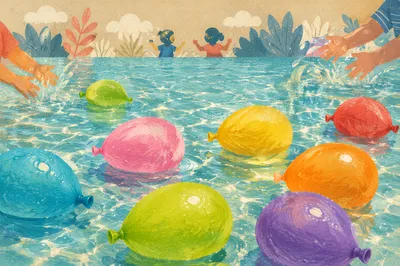 Colorful Water Balloons in Summer Pool
