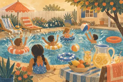 Cheerful Kids Splashing at Summer Pool Party