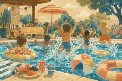 Kids Splashing at Summer Pool Party