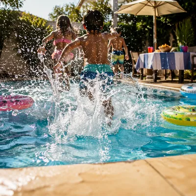 Cheerful Kids Splashing at Summer Pool Party
