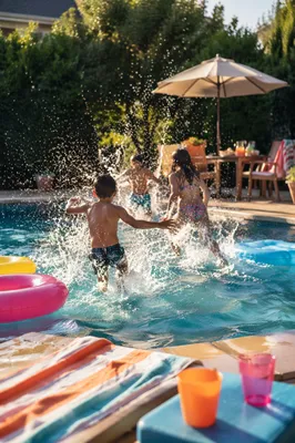 Cheerful Kids Splashing at Summer Pool Party