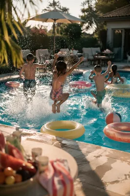 Cheerful Kids Splashing at Summer Pool Party