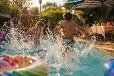 Cheerful Kids Splashing at Summer Pool Party