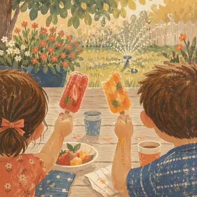 Kids Sharing Summer Popsicles at Backyard Picnic