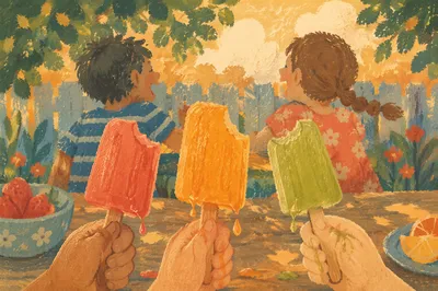 Kids Sharing Melting Popsicles in Summer Light