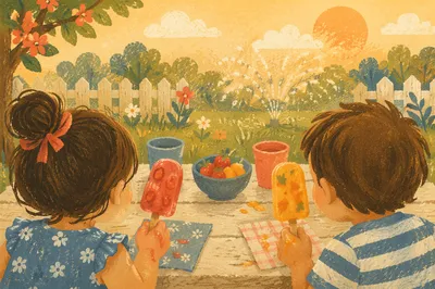 Kids Laughing with Summer Popsicles Outdoors