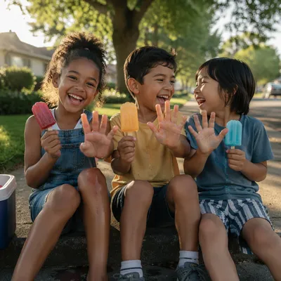 Kids Laughing with Summer Popsicles Outdoors