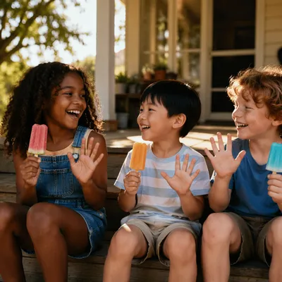 Kids Laughing with Summer Popsicles Outdoors