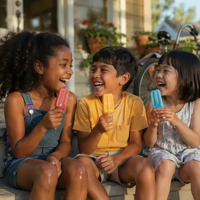 Children Eating Popsicles on Sunny Porch