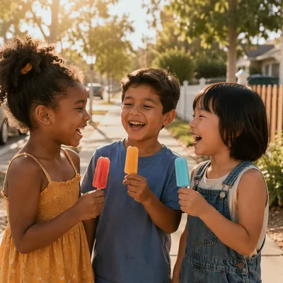Children Sharing Fruit Popsicles on Sidewalk