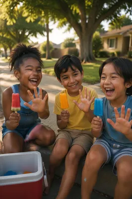 Children Sharing Popsicles on Summer Sidewalk