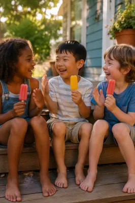 Children Eating Colorful Popsicles on Porch Steps