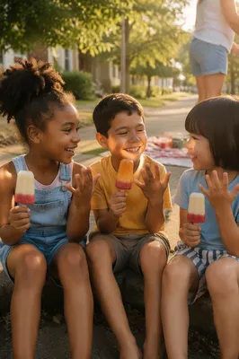 Children Sharing Fruit Popsicles on Sidewalk