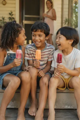 Children Sharing Fruit Popsicles on Porch