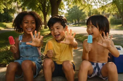 Children Sharing Popsicles on Summer Sidewalk