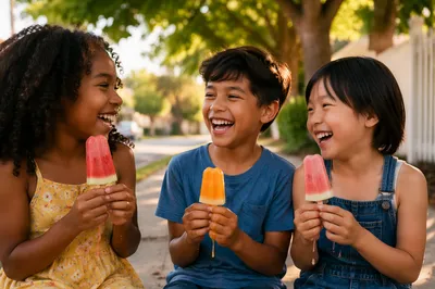 Three Children Eating Popsicles on Sidewalk