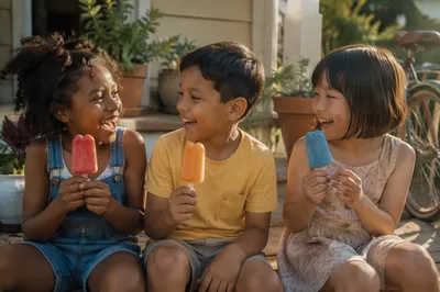 Children Laughing with Popsicles on Porch