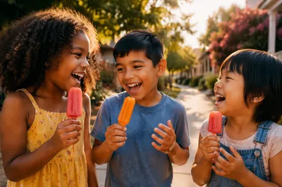 Children Sharing Popsicles on Sunny Sidewalk