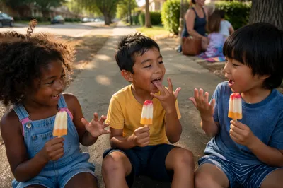 Children Sharing Popsicles on Summer Sidewalk