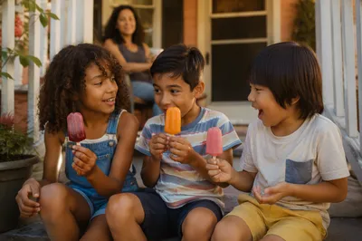 Children Sharing Popsicles on Summer Porch