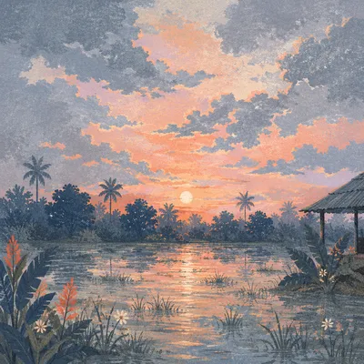 Peaceful Sunrise Over Flooded Tropical Garden