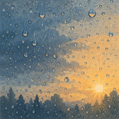 Peaceful Sunrise Rain Droplets After Storm