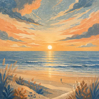 Peaceful Sunrise Over Calm Coastal Shore