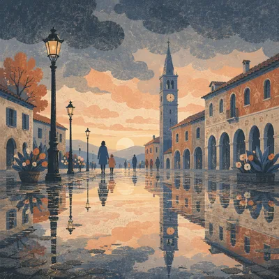 Peaceful Sunrise After Storm in European Square