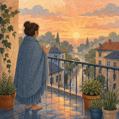 Peaceful Sunrise After Storm on Balcony