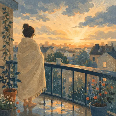 Peaceful Sunrise After Storm on Balcony