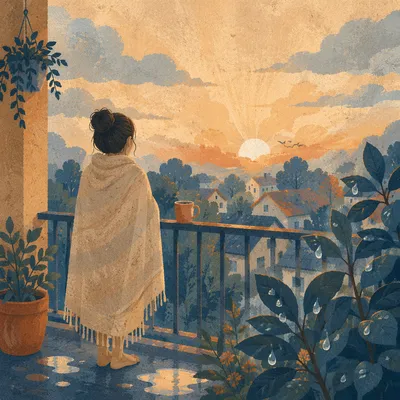 Peaceful Sunrise After Storm on Balcony