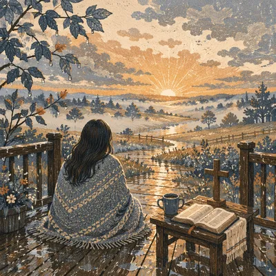 Peaceful Sunrise After Storm on Rural Porch