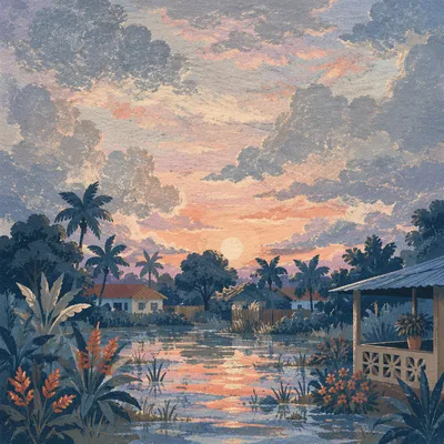 Peaceful Sunrise After Storm in Tropical Garden