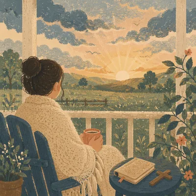 Peaceful Sunrise Prayer on Farmhouse Porch