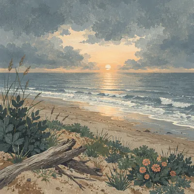 Peaceful Sunrise Over Storm Cleared Shore
