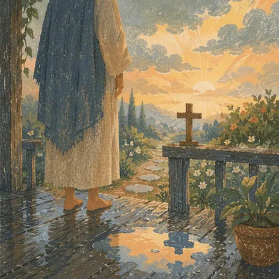 Peaceful Sunrise After Storm with Wooden Cross