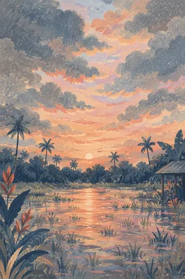 Peaceful Sunrise Over Flooded Tropical Garden