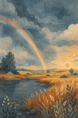 Peaceful Sunrise Rainbow Over Stormy Wetland
