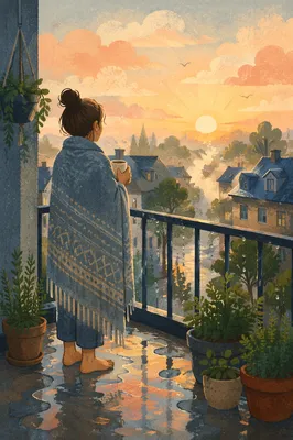Peaceful Sunrise After Storm on Balcony