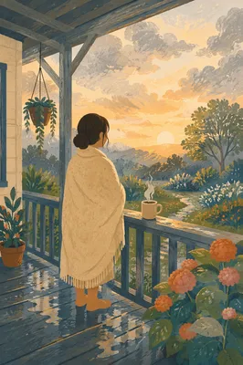 Peaceful Sunrise After Storm on Porch