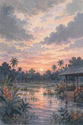 Peaceful Sunrise After Storm in Tropical Garden
