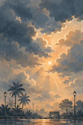 Peaceful Sunrise After Storm Over Roadside Park
