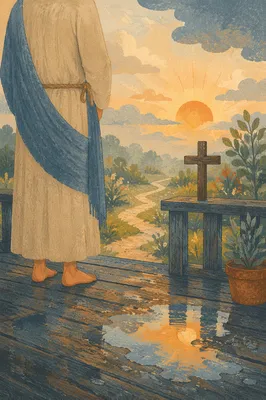 Peaceful Sunrise After Storm with Porch Cross