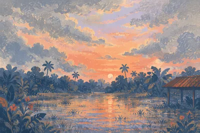 Peaceful Sunrise Over Flooded Tropical Garden