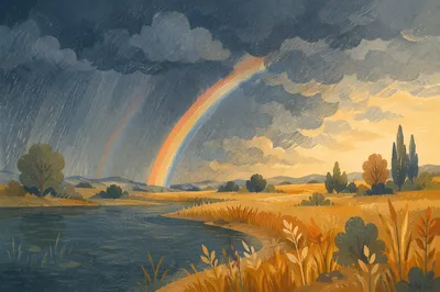 Rainbow Sunrise Over Peaceful Wetland After Storm