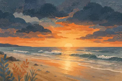 Peaceful Sunrise After Storm Over Beach
