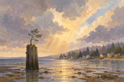 Peaceful Sunrise After Storm Over Calm Bay